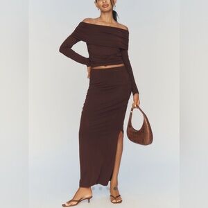 Anthropologie Bodycon Top & Skirt Set NWT Brown Off-The-Shoulder Ruching L